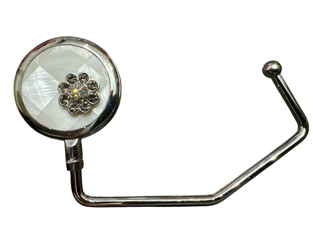 SPRING STREET RHINESTONE FLOWER PURSE HOOK MOTHER OF PEARL HANDBAG HANGER